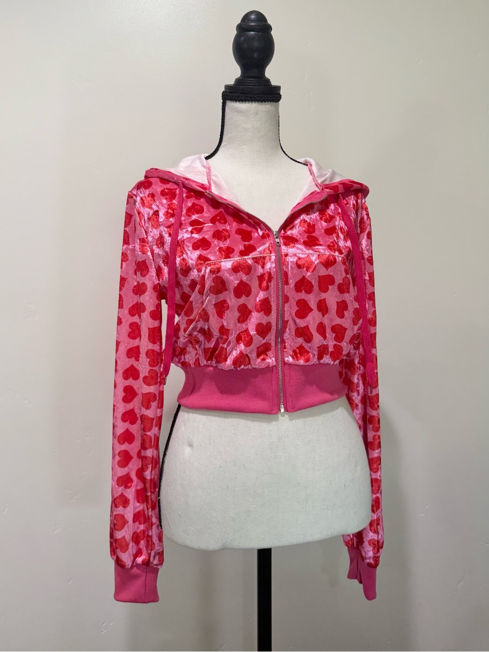 Pink Heart-Print Velvet Zip Hoodie Jacket